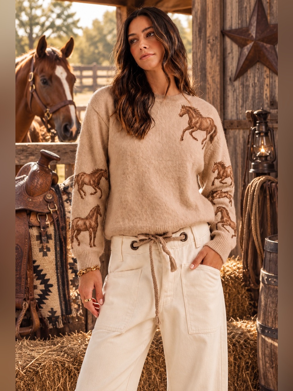 Brown horse embroidered knit western boho bubble sleeve sweater pullover top